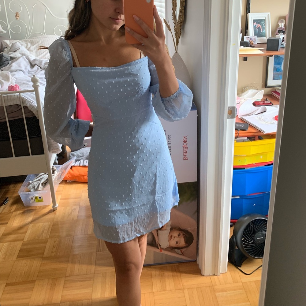 Blue Long Sleeve Textured Mini Dress